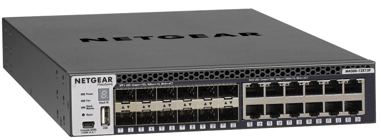 Netgear XSM4324S-100NES 24-Port (12X12F) 10Gb stackl.mgd Switch,1HE Rack halbe B Netgear XSM4324S-100NES 24-Port (12X12F) 10Gb stackl.mgd Switch,1HE Rack halbe B